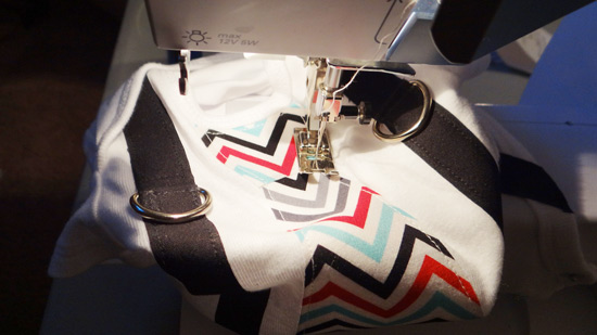 tie onesie with arrows to show you were to sew