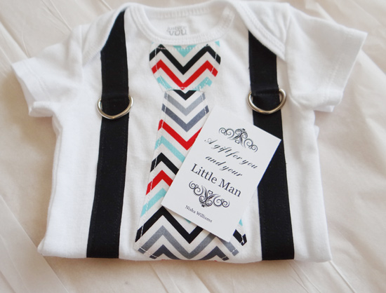 baby onesie with striped tie and suspenders