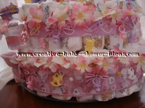 closeup of ribbon with baby items attached