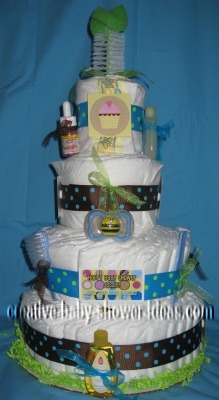 green blue and brown polka dots diaper cake