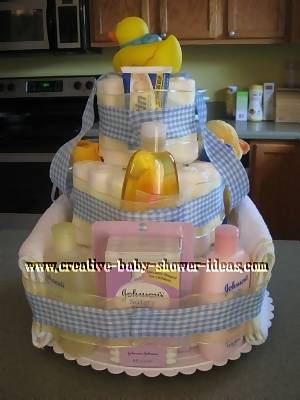 back of blue plaid duck diaper cake showing supplies
