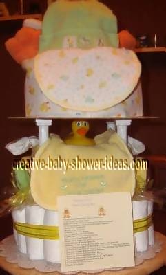 closeup of cake stand tiers with duck diaper cake