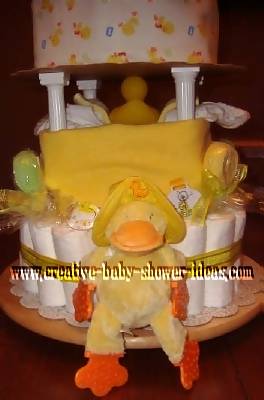 back of diaper cake with duck teether