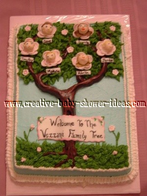 family tree baby shower cake with faces on the rose blossoms
