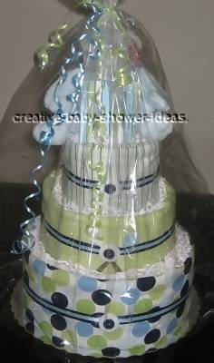 boutique diaper cake wrapped in cellophane