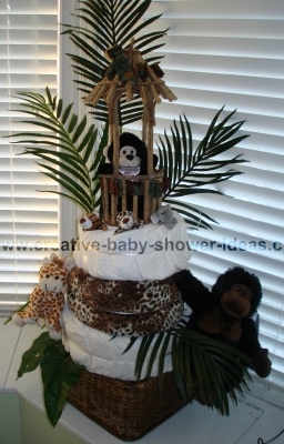 jungle monkey in baboo hut on diaper cake