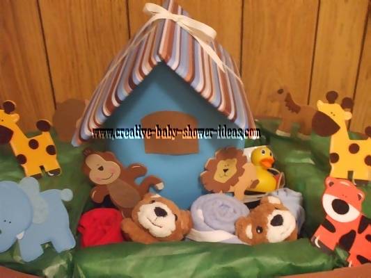 closeup of baby animals on noahs ark diaper cake