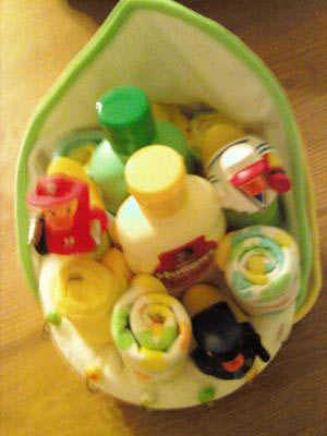 back of towel cupcake showing baby shower supplies