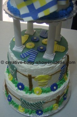 bottom of baby cake with scattered baby clothes decorations