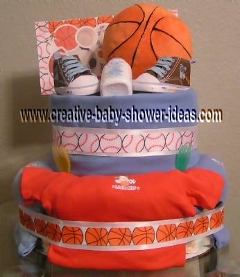 basketball diaper cake with baby bodysuits and sneakers