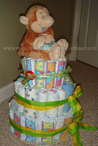 side of giggling monkey diaper cake