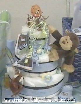 blue and brown monkey diaper cake