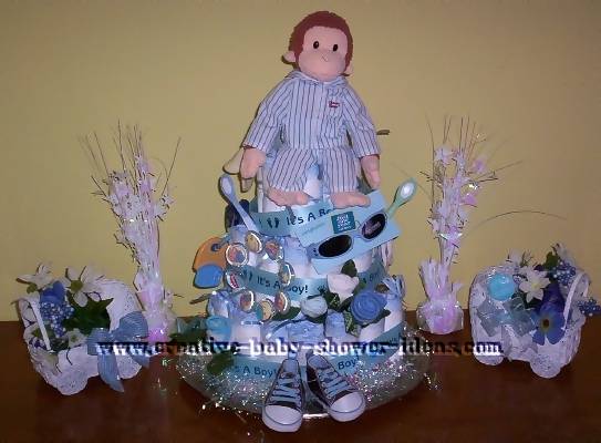 blue monkey pajamas diaper cake