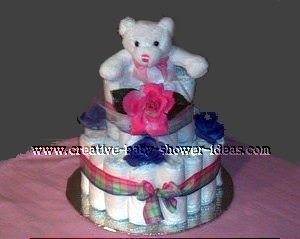 pink and purple bear diaper cake