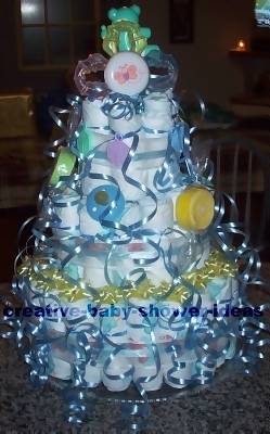 blue curling ribbon diaper cake