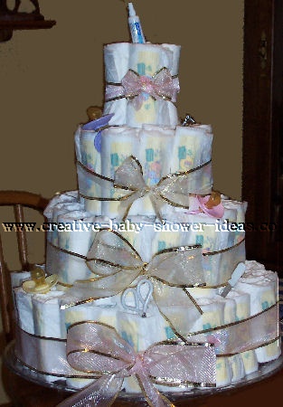 pink and gold bow diaper cake
