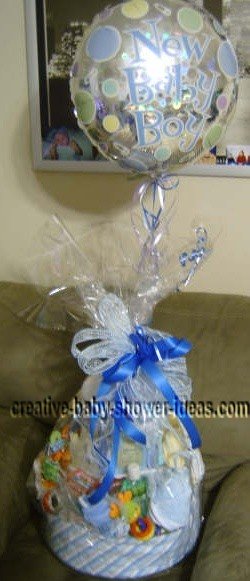 finished boy diaper cake with balloon