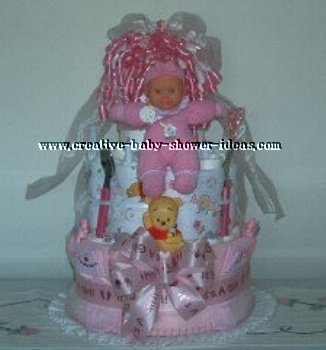 pink doll diaper cake