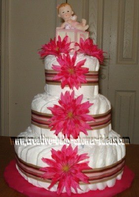 pink flowers baby blocks diaper cake