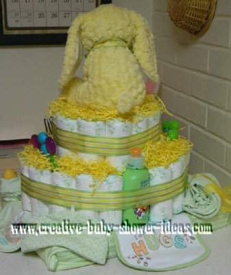 back of yellow bunny diaper cake