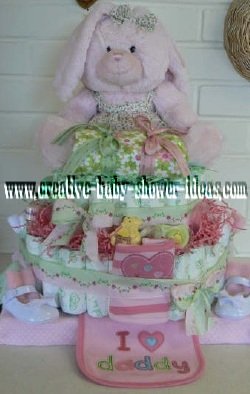 pink bunny diaper cake with I love daddy bib