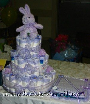 lavender bunny and bows diaper cake