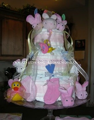 pink washcloth bunnies diaper cake