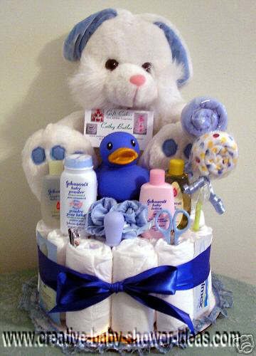 blue and white bunny diaper cake