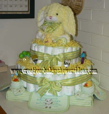 yellow striped bunny diaper cake