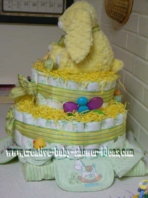 side of yellow bunny diaper cake