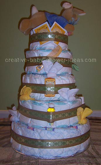 back of peter rabbit diaper cake showing baby supplies