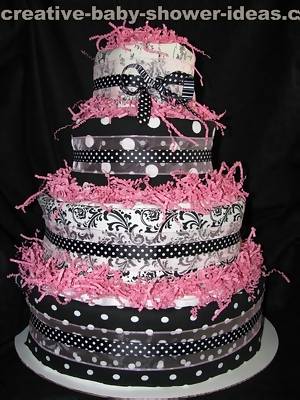 Pink and Blue Toile Diaper Cake mod mom black and pink diaper cake