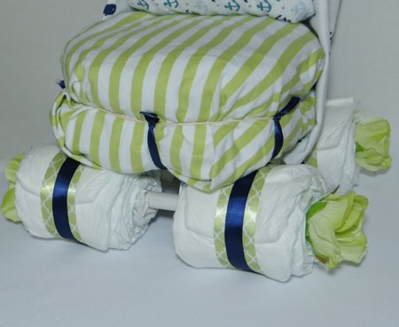 blue and green diaper baby carriage with whales and stripes connecting the wheels to the diaper stroller