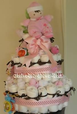 pink polka dot doll diaper cake