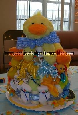 yellow duck diaper cake with ribbon tie