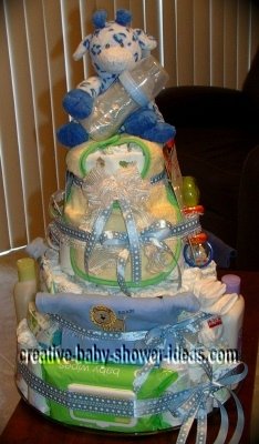 spotted blue giraffe diaper cake