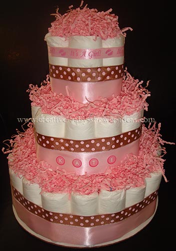 Pink Ribbon Cake mod bear and polka dots diaper cake