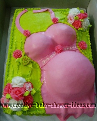 pink flowers pregnant belly cake