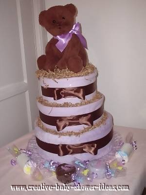 Teddy Bear Diaper Cake purple and brown teddy bear diaper cake