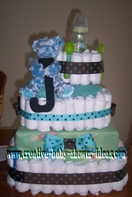 Boutique Diaper Cake turqouise and brown polka dot diaper cake