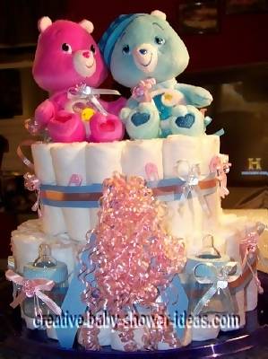 twin care bears diaper cake